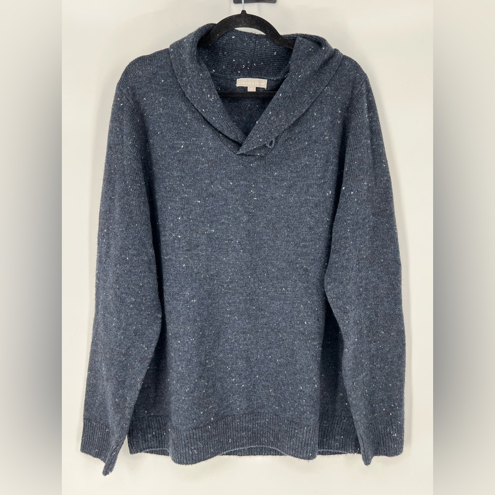 GRAYSON & DUNN WOOL BLEND SHAWL COLLAR SWEATER IN NAVY & WHITE W/ ELBOW PATCHES‎